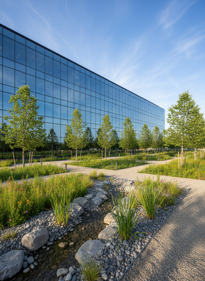 A modern, glass-fronted office building surrounded by thoughtfully designed green spaces: native grasses, wildflower strips, and young trees planted in structured rows. The reflective glass façade mirrors a vivid blue sky with a few soft clouds, while the foreground features a carefully maintained rain garden with stones, reeds, and a narrow water channel. Early morning sunlight casts long, gentle shadows across the paths and highlights the textures of leaves and gravel. Photographed from a slightly low, wide-angle perspective, the composition emphasizes the harmony between built structure and nature. The mood is forward-looking and professional, suggesting responsible environmental thinking in business, with clean, realistic photographic detail and balanced, natural colors.