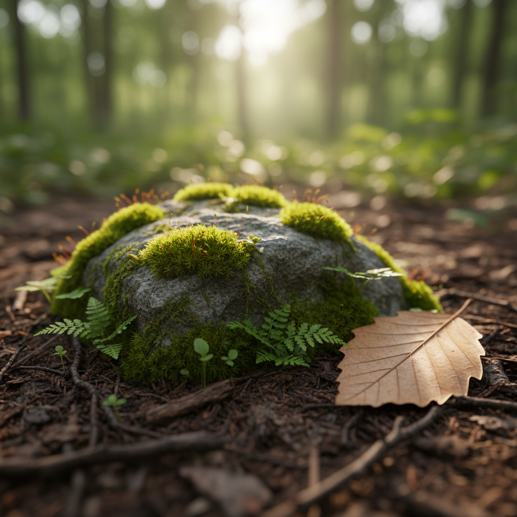 A detailed close-up of a small moss-covered rock ecosystem on a forest floor, showcasing the quiet complexity of nature. Tiny, emerald-green moss cushions cover the stone’s uneven surface, interspersed with miniature ferns, delicate sprouts, and a single brown leaf lying nearby, its veins sharply defined. The surrounding soil is rich and dark, textured with decomposing twigs and fragments of bark. Soft, dappled sunlight filters through an unseen canopy, creating gentle highlights on the moss and subtle bokeh in the background. Captured from a very low, macro-style angle with shallow depth of field, the rock and moss are in crisp focus while the forest floor recedes into softness. The mood is intimate, contemplative, and investigative, ideal for thoughtful environmental reflections in photographic realism.