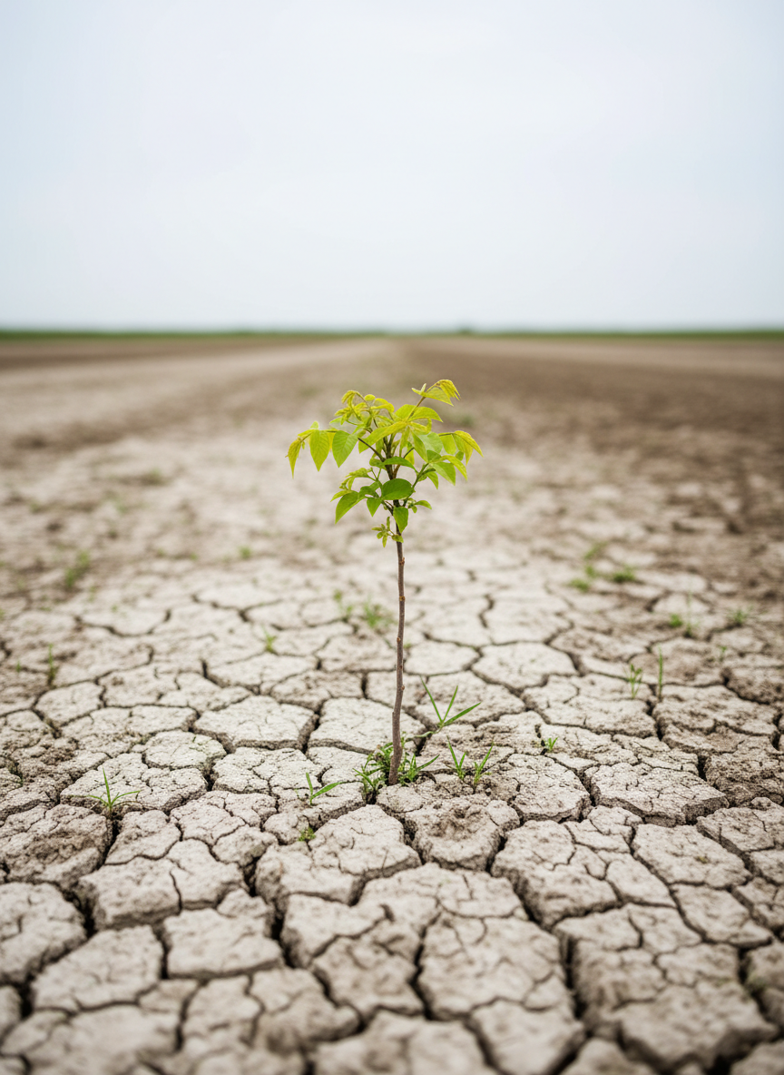 A single young tree with bright, fresh green leaves growing from a cracked section of dry, pale earth, representing hope and environmental renewal. The delicate, slender trunk emerges from parched soil with detailed fissures and textures, tiny weeds just beginning to appear around its base. In the distance, the ground gradually shifts to healthier, darker soil, hinting at recovery. Soft overcast daylight creates diffuse, even lighting, muting harsh shadows and emphasizing subtle surface details. Captured at eye level with a shallow depth of field, the background gently blurs, focusing attention on the resilient tree. The composition is minimalist and centered, with a clear, professional mood that feels thoughtful and optimistic, rendered in crisp photographic realism.